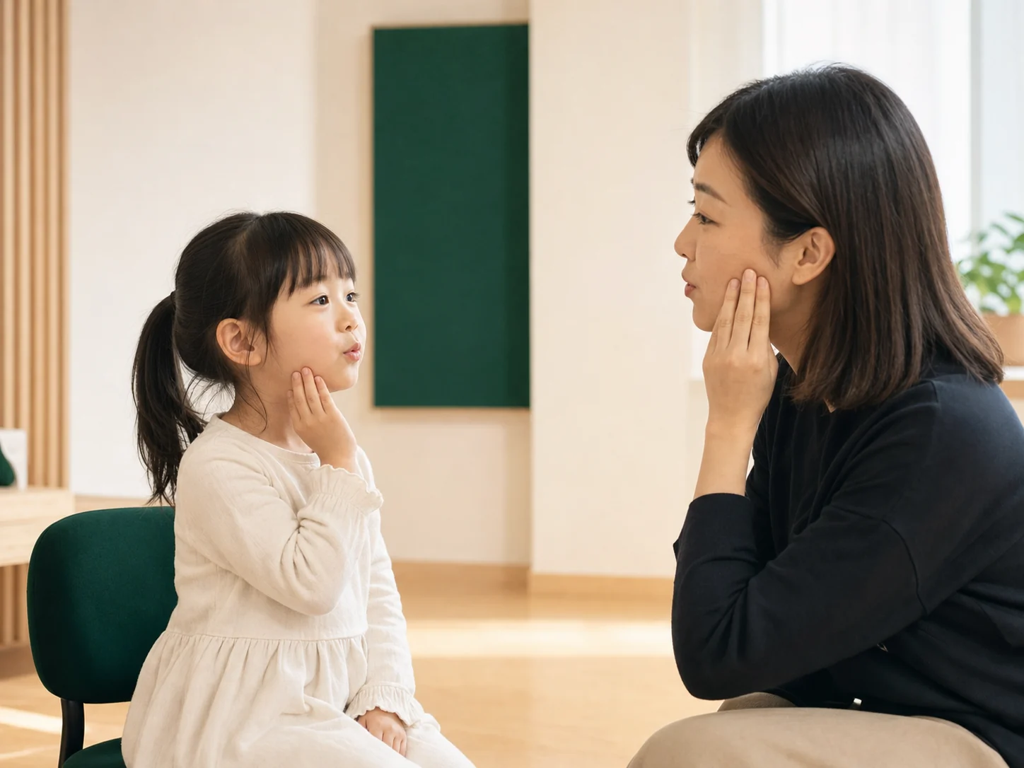 老师与幼儿在声乐启蒙课中面对面练习