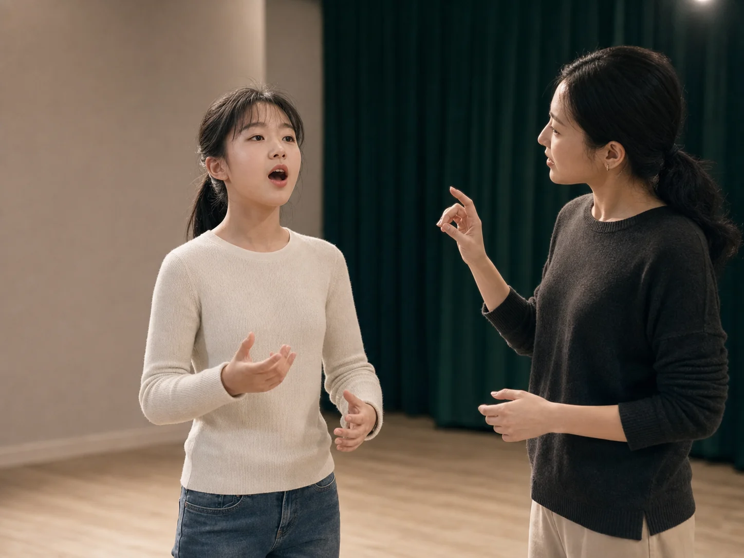 老师观察青少年学员的声乐与舞台表达练习